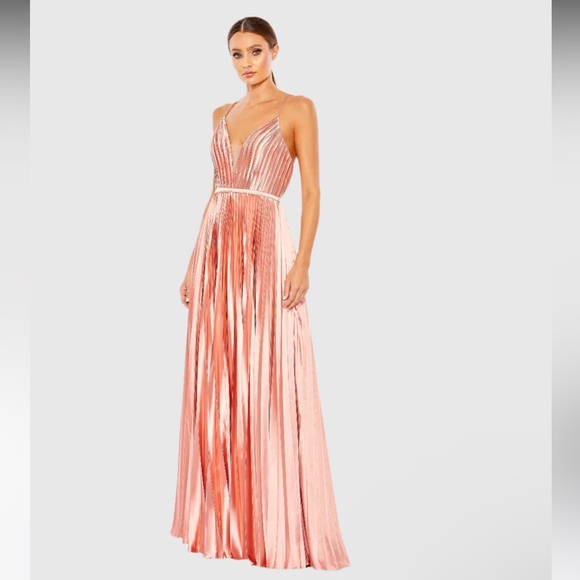 IEENA FOR MAC DUGGAL Plunge Neck Pleated Evening Rose Gold Pink Formal Gown - Picture 1 of 9